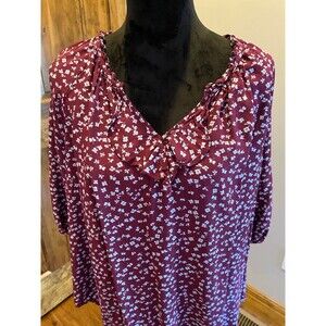 A.N.A. Boho Peasant Womens Plus Size XL Burgundy Patterened Blouse Top